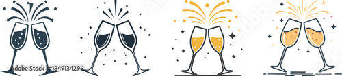 Bold black line art champagne glasses icon with clinking motion lines modern wedding style illustration