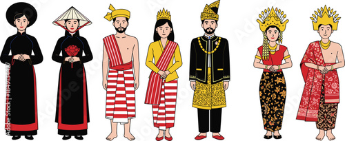 Traditional Asian cultural costumes set with men and women wearing ethnic clothing, heritage and folklore vector illustration