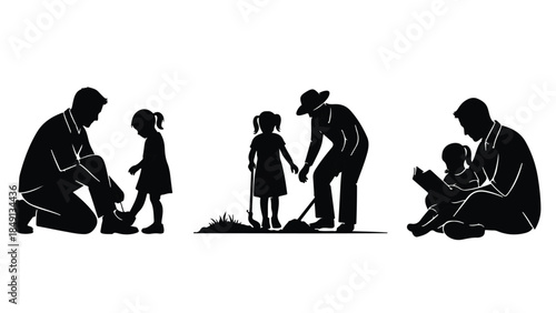 Silhouettes of fathers and children sharing tender moments together