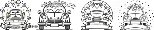 Bold black line art wedding car icon with ribbon decoration clean minimal outlines modern style
