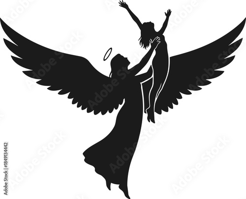 Angel lifting person icon set, black silhouette illustration of spiritual protection, ascension, and transcendence concept graphic