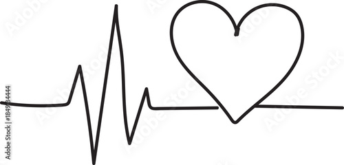 Minimalist heart shape with heartbeat pulse line, EKG cardiology and life concept black and white illustration