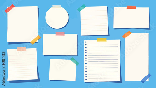 Various papers with tape on blue background