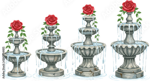 Set of four tiered classical stone garden fountains with flowing water and a single red rose on top isolated on white.