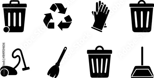 Cleaning and sanitation solid icon set – silhouette style hygiene, waste management, and janitorial symbols for household and office: trash bin, recycle, gloves, broom, vacuum, dustpan See Less
