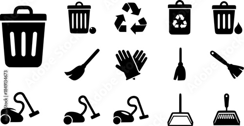 Cleaning and sanitation solid icon set – silhouette style hygiene, waste management, and janitorial symbols for household and office: trash bin, recycle, gloves, broom, vacuum, dustpan See Less
