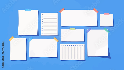 Various papers with tape on blue background
