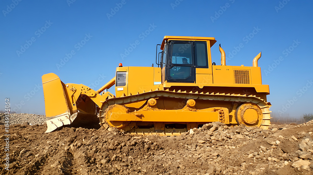 Fototapeta premium A yellow bulldozer stands out against a clear blue sky, ready to tackle earthmoving tasks. The rugged machine embodies strength and precision, shaping the landscape.