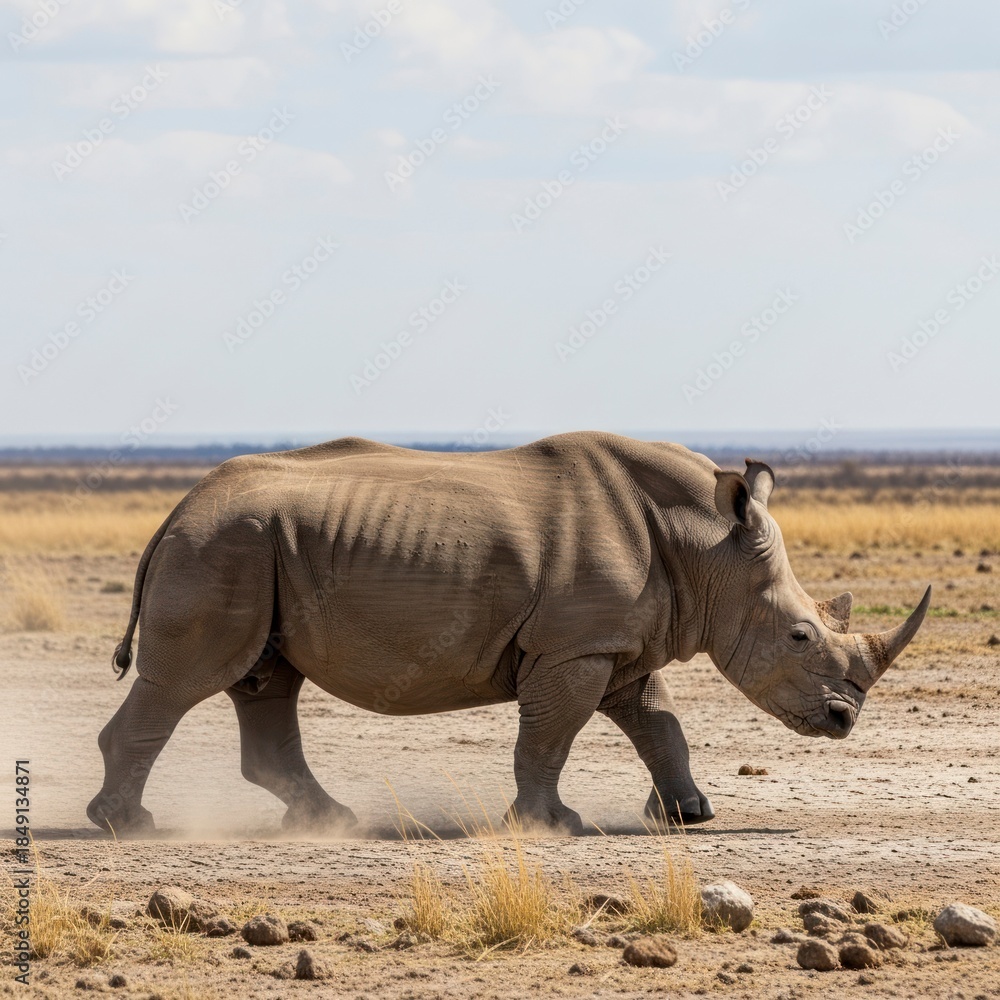 Fototapeta premium Rhino walking across arid landscape under blue sky during daytime