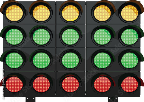 Traffic light signal panel with red yellow and green LED lights isolated on white, road control system vector illustration