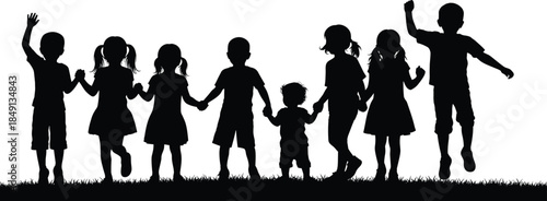 Children holding hands silhouette illustration, unity and friendship concept, happy childhood togetherness, group bonding, diversity, teamwork, innocence