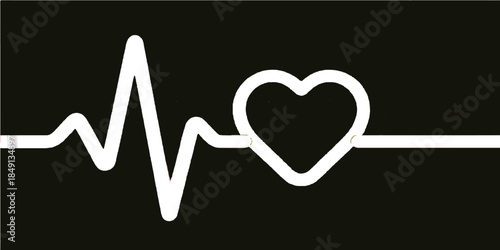 Red medical heart and heartbeat symbol vector illustration featuring a pulse line design for health, love, and passion on a black background