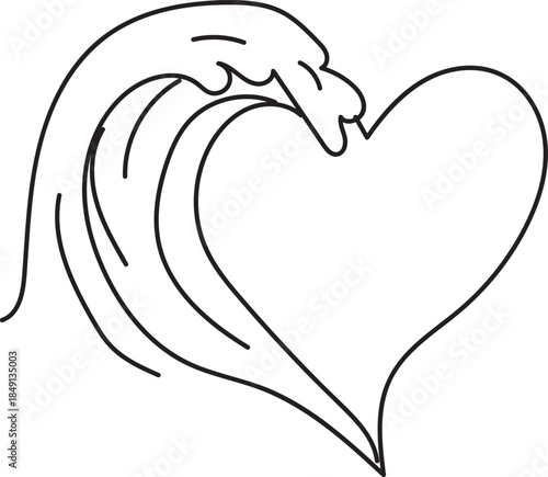 Stylized ocean wave forming a heart shape, sea and nature love illustration hand drawn minimalist style