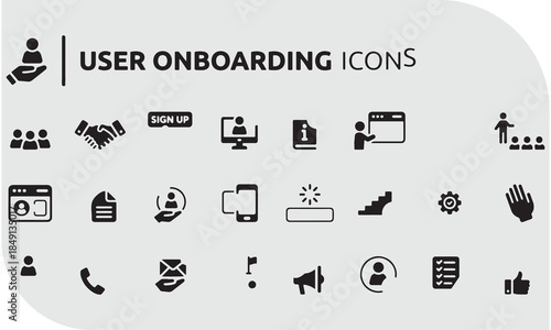User onboarding solid vector icon collection, welcome, sign up, user guide, tutorial, UX, login and more