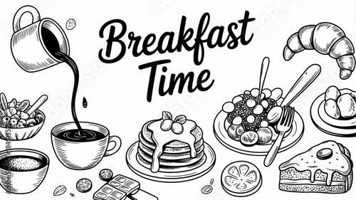 Delicious Breakfast Time Illustration with Pancakes, Croissants, and Coffee