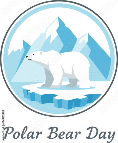 Polar Bear Day: A serene polar bear stands majestically atop an ice floe against the backdrop of imposing mountains in a frigid arctic environment, perfect for a day of awareness.