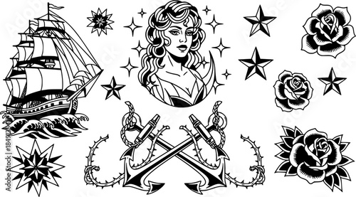 Illustration of vintage tattoo flash sheet with women, stars, ship, anchors and roses in old school style
