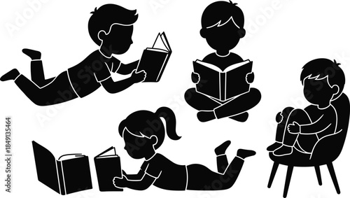 Children reading books icon set, black silhouette illustration of literacy, learning, and focused educational activity concept graphic