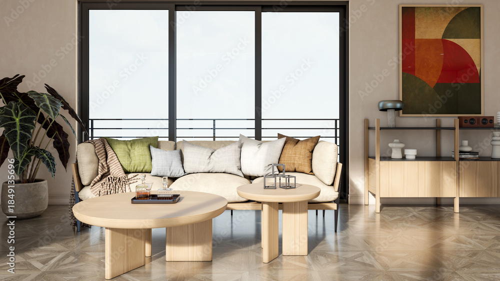 Fototapeta premium Large luxury modern bright interiors Living room mockup illustration 3D rendering image