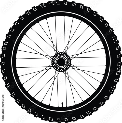 Bicycle wheel silhouette with detailed spokes and tire tread isolated on white, cycling transport and sport vector illustration