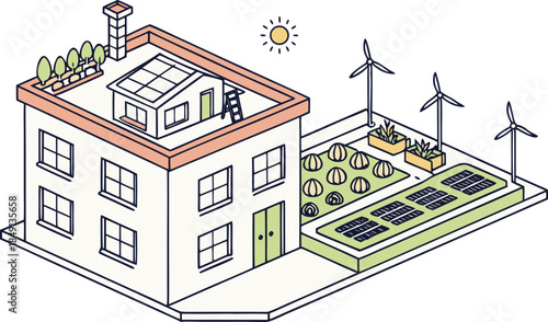 Sustainable eco friendly house with solar panels and wind turbines at night