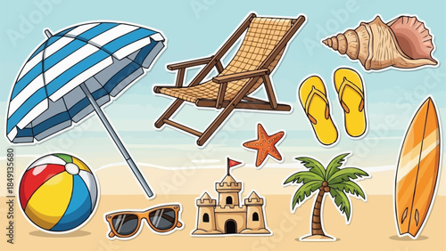 Beach Vacation Essentials Collection With Sandcastle And Surfboard.