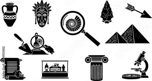 Archaeology Icons Vector Set: Artifacts, Tools, Fossils, Excavation, History, Museum, and Research. Bold Silhouette Graphics Collection for Science 
