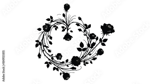 Heart shaped floral wreath with black roses and leaves on white background, romantic symbol, Valentine's Day concept, love and affection illustration