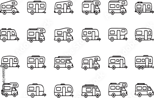 Various RVs and Campers Illustrations in Black and White for Travel and Adventure Concepts