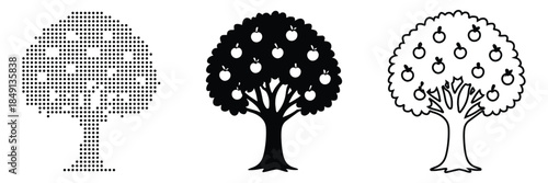 Three distinct styles of an apple tree illustration, from pixelated to solid silhouette and outline.