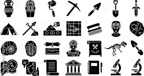 Archaeology Icons Vector Set: Artifacts, Tools, Fossils, Excavation, History, Museum, and Research. Bold Silhouette Graphics Collection for Science 