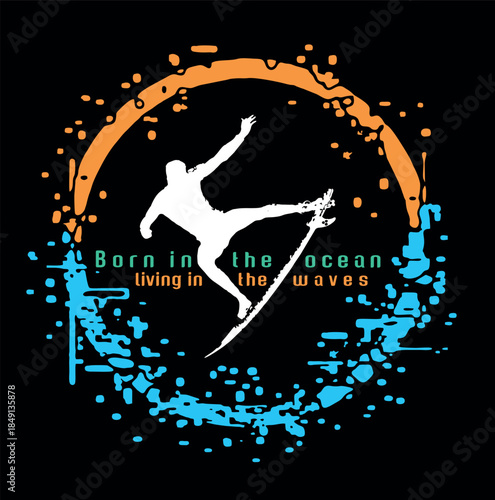 A composition of a surfer silhouette and a symbol in a graphic style.