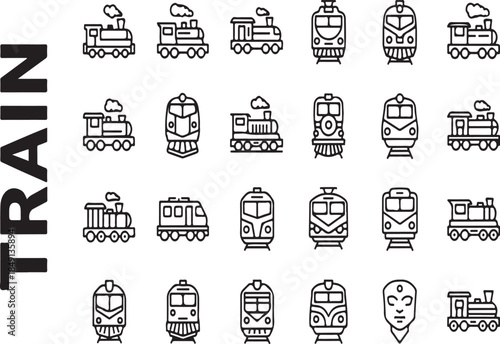 Various Train Icons and Logos in Simple Line Art Style on White Background