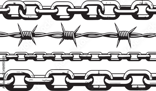 Metal Chain and Barbed Wire Illustrations in Black and White for Design and Security Concepts