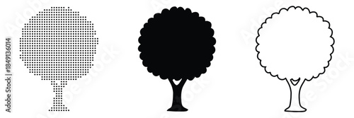 Three stylized trees showing different levels of detail from pixelated to silhouette to outline