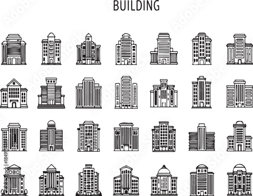 Various Urban Building Illustrations and Skyscraper Designs in Black and White Line Art Style
