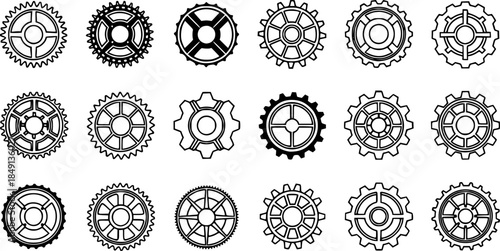 Gear icon vector set, black cogwheel vector collection, mechanical gear shapes, engineering symbols, industrial machinery, sprocket designs, abstract gearwheel graphics See Less
