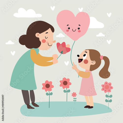 Cute mother and daughter illustration with heart balloon