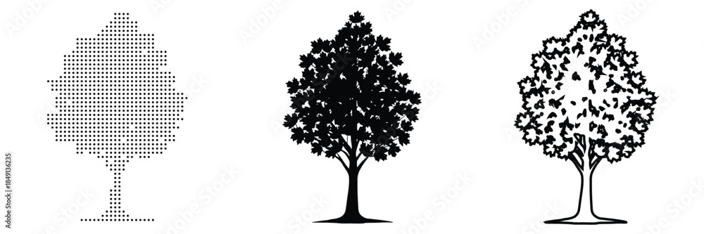 Obraz premium Three distinct artistic representations of a deciduous tree, showcasing different styles from pixelated to silhouette and outline.
