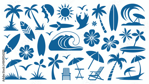 Vibrant Blue Beach Icons Set with Surfing and Tropical Elements