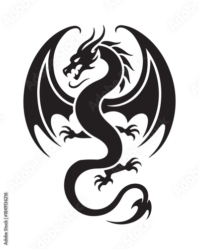 A majestic black dragon stands tall with its powerful wings dramatically spread in a fierce posture