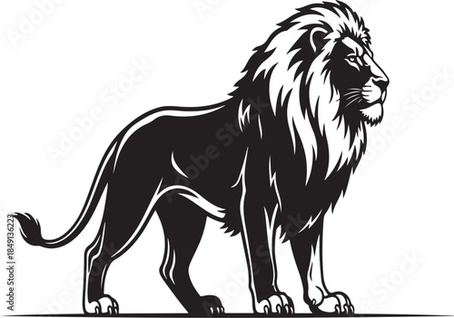 Majestic Lion Standing Profile View Black White Illustration Animal Kingdom Wildlife Symbol