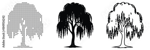 Three artistic depictions of a weeping willow tree, from pixelated to silhouette to line art.