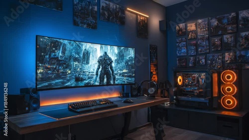 High end gaming workstation with ultra wide monitor and neon ambient lighting