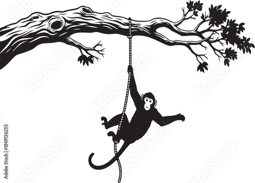 Monkey swinging from tree branch with rope, black and white illustration, jungle scene