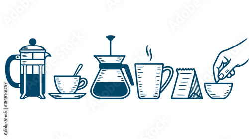 Coffee Brewing Methods and Accessories Line Art Illustration