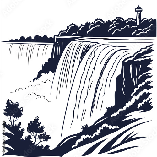 Niagara Falls linear art illustration waterfall silhouette vector on a white background