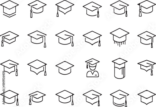Graduation caps icons set, various academic hat symbols, education and university graduation concept