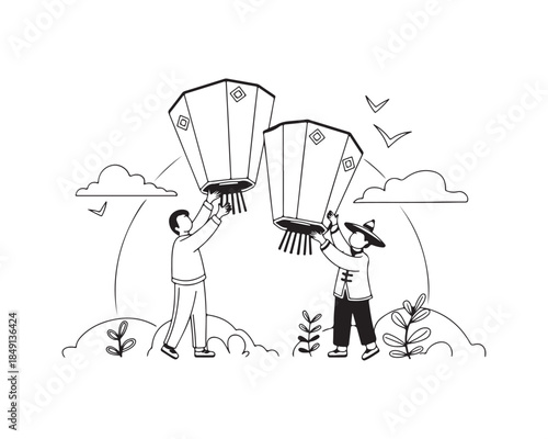 Two figures in traditional clothing proudly holding up large ornate lanterns under a cloudy sky