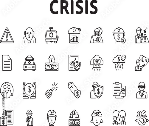 Crisis Management Icons Set for Financial Emergency and Business Risk Illustration